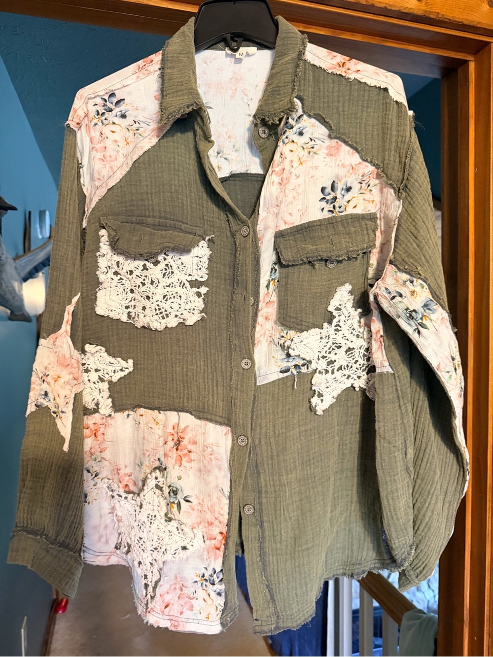 NWOT POL Women’s Olive Green Patchwork Button-Up Shirt with Floral Accents